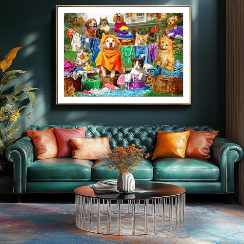 Laundry Day Puzzles for Adults 1000 Pieces, Funny Dogs & Cats Jigsaw Puzzle | Colorful Backyard Theme Challenging Puzzle with Letter on Back & Reference Poster, Ideal for Adult Entertainment Family Game - color: Laundry Day