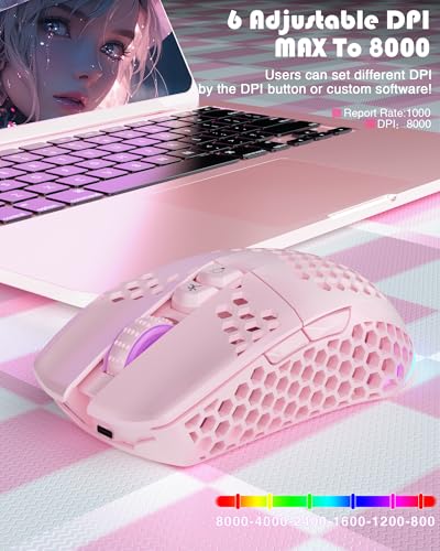 SOLAKAKA SM600 Pink Wireless Gaming Mouse with Honeycomb Shell, Side Buttons,Tri-Modes(BT5.1+BT5.1+2.4GHz) Lightweight RGB Wireless Mouse for PC/Tablet/Desktop/Office/Games - color: pink