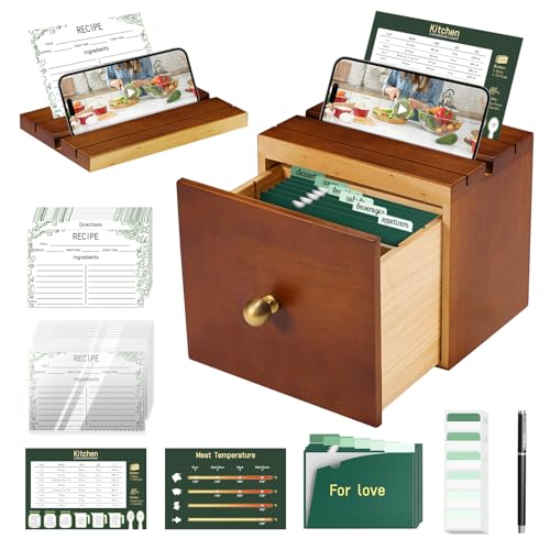 Pine Wood Recipe Box Set, Drawer Style with 100 4x6 Cards | Fits 3x5 and 4x6 cards for cooking, baking and preserving family recipes; a gift for weddings, housewarmings and holidays - color: Reddish Brown