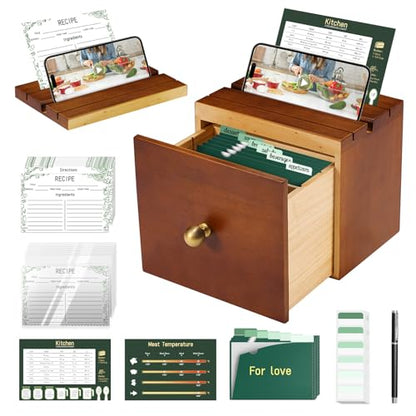 Pine Wood Recipe Box Set, Drawer Style with 100 4x6 Cards | Fits 3x5 and 4x6 cards for cooking, baking and preserving family recipes; a gift for weddings, housewarmings and holidays - color: Reddish Brown