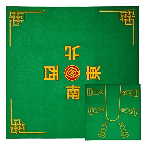 Mahjong and Pai Gow Poker Play Mat - 30" x 30" Green Felt Double Sided Mat - 2-n-1 Table Cover for Classic Chinese Tile Card Game - Slip Resistant Layout for Cards, Dominoes or Tiles - 2-4 Players