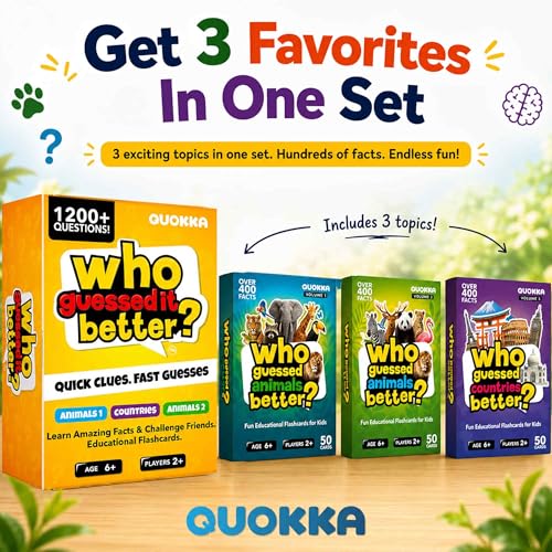 Quokka Who Guess It Better Game Set – Animals & Countries Educational Game with Visual Clues, 3 Card Sets Bundle, Screen-Free Travel Games for Kids Ages 6+ - color: 3set