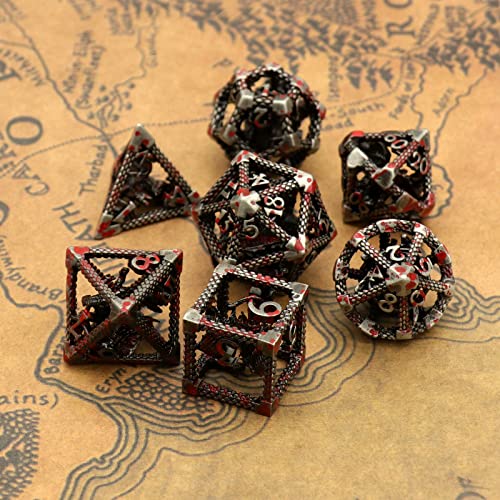 DND Dice Set,3D Hollow Dragon Metal 7-Die,Silver Blood Spot | Copper construction,68g Balanced weight,Engraved numbers,Gift box and Velvet bag for DND RPG play - color: 3d Silver Blood Spot