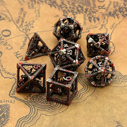 DND Dice Set,3D Hollow Dragon Metal 7-Die,Silver Blood Spot | Copper construction,68g Balanced weight,Engraved numbers,Gift box and Velvet bag for DND RPG play - color: 3d Silver Blood Spot