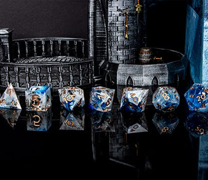 ARUOHHA Blue DND Resin Dice Set 7PCS Translucent Handmade RPG Polyhedral Sharp Edge Dice Set with Gift Box, Glitter Inclusions D and D Dice D20 D12 D10 D8 D6 D4 - color: Blue