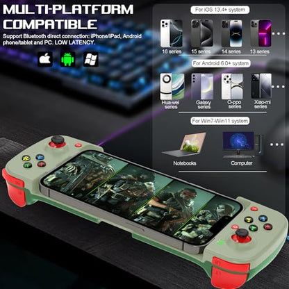 arVin Wireless Gaming Controller for iPhone Android PC Gamepad Joystick for iOS iPhone 15/14/13, iPad, Samsung Galaxy S23/S22/S21, Google Pixel, One Plus, Tablet, Call of Duty Mobile -with Back Button - color: Green