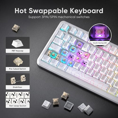 RedThunder K75 Wireless Mechanical Keyboard, CNC Knob, Tri-Mode BT5.0/2.4GHz/USB-C Hot Swappable Custom, Pre-lubed Linear Coconut Switches, Gasket Structure, RGB Gaming Keyboard, White Contour Lines - color: White Contour Lines
