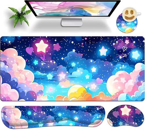 Large Mouse Pad Set 35.4 x 15.7 with Keyboard Wrist Rest, Wrist Support, and Coaster, Waterproof Memory Foam Smooth Desk Pad Mousepad for Home Office School - Pastel Rainbow Star - color: Pastel Rainbow Star, size: 35.4" x 15.7" x 0.12" (Set of 4 Items)
