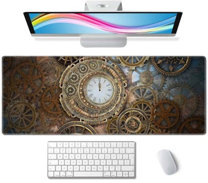 Gaming Mouse Pad, XL Extended Computer Keyboard Long Mouse Mat, Large Desk Pad for Office Laptop, Non-Slip Rubber Base with Stitched Edge Mousepad, 31.5X11.8 inch Rusty Steampunk with Clock - color: Rusty Steampunk With Clock