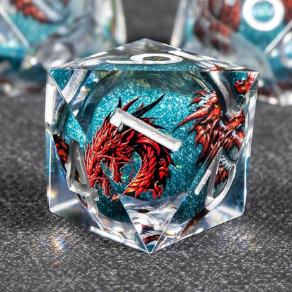 KERWELLSI Liquid Core Dragons Pattern Dice, Resin DND Dice Set with Gift Box, Blue Sharp Edged Dungeons D&D Dice, Role Playing Game Dice D20 D12 D10 D8 D6 D4 - color: Blue