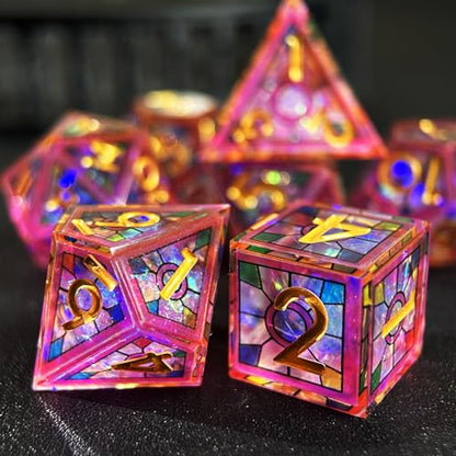 HAOMEJA Double Layered Resin Dice Set 7pcs/ Stained Glass Effect & Gold Numbers/Sharp Edged Polyhedral Dice/Apply to D&D/DND/Role Playing Game/RPG/Party Gift (Purple Sky) - color: 1 Purple Sky