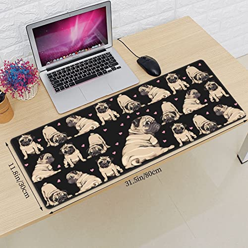 Pug Mouse Pad XL Extended Desk Mat, Computer Mousepad | Cute Black Cool Fuuny Dog Love Non Slip Rubber, Base Stitched Edge, Gaming Pc Large Mice Pad 31.5 x 11.8 Inch - color: Black22