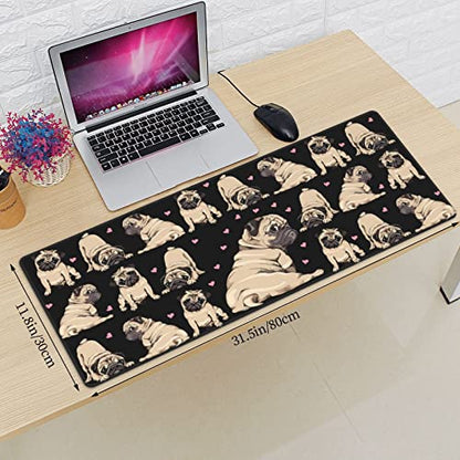 Pug Mouse Pad XL Extended Desk Mat, Computer Mousepad | Cute Black Cool Fuuny Dog Love Non Slip Rubber, Base Stitched Edge, Gaming Pc Large Mice Pad 31.5 x 11.8 Inch - color: Black22