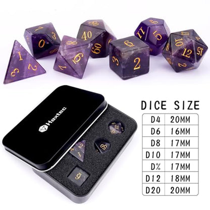 Haxtec Natural Amethyst Gemstone DND Dice with Premiun DND Dice Case Semi-Precious Gem D&D Dice Compatible with Dungeons and Dragons TTRPG Gift - color: Purple