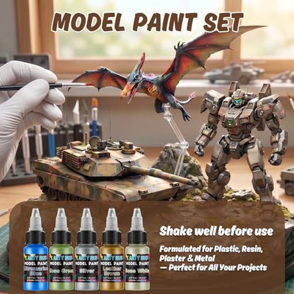 Model Paint Set, 34-Piece Miniature Painting Kit, Ready-to-Spray | 20 Acrylic Paints, 10 Brushes, 3 Primers, 1 Thinner, Complete Hobby Set for Figures & Tabletop Wargaming, Model Car Paint Kit
