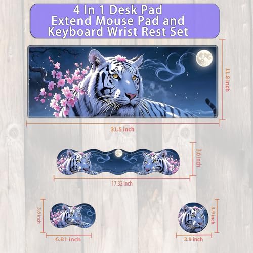Large Gaming Mouse Pad Set with Wrist Support – 31.5" x 11.8" 4-in-1 XXL Mousepad with Keyboard Wrist Rest, Mouse Wrist Rest & Coaster – Ergonomic Desk Mat for Office, Home – White Tiger Flower - color: White Tiger Flower