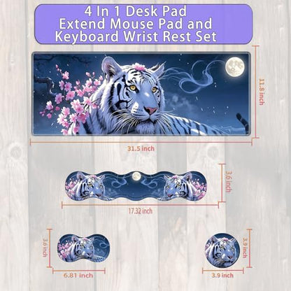Large Gaming Mouse Pad Set with Wrist Support – 31.5" x 11.8" 4-in-1 XXL Mousepad with Keyboard Wrist Rest, Mouse Wrist Rest & Coaster – Ergonomic Desk Mat for Office, Home – White Tiger Flower - color: White Tiger Flower