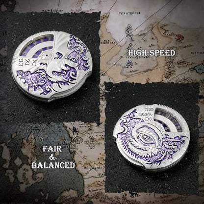 DNDND Dungeons and Dragons Roulette Spinner Dice 7-in-1 Spinner Metal D&D Dice Set with Gorgeous Gift Box for Dungeons and Dragon and Tabletop Game (Silver with Purple) - color: Dragon Silver Purple
