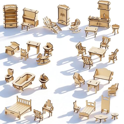 34PCS Wooden Dollhouse Furniture Set, 1:20 Scale | Miniature Furniture for Kitchen, Living Room, Bathroom. STEM Classroom Educational Toy for DIY Crafts and Creative Building