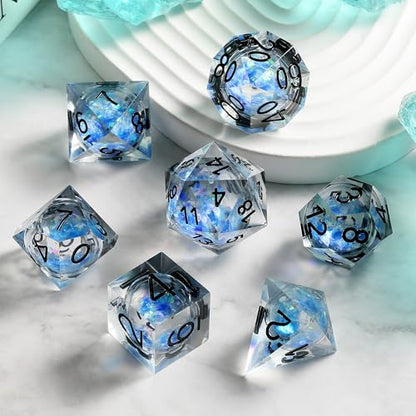 DNDND Glow in the Dark Liquid Sharp-Edge Dice Set 7PCS - Clear Resin Polyhedral DND Dice with Luminous Blue Liquid Orb & Glitter for D&D RPG Table Games （Glow Blue - color: Glow Blue