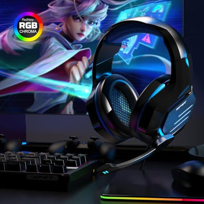 NPET H022 Blue Gaming Headset - Noise Cancelling Over-Ear Headphones with Mic, LED Lights, Bass Surround Sound for PS5, PS4, Xbox One, PC & Controller