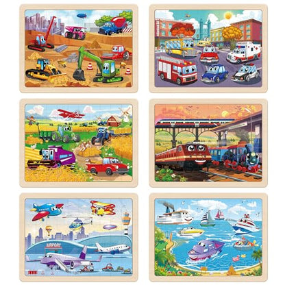 SYNARRY Wooden Vehicle Puzzles for Kids Ages 4-6, 6 Packs 60 PCs Jigsaw Puzzles Preschool Educational Toys Gifts for Children Ages 4-8, Kids Toys Gifts for 4+ Year Olds Boys Girls - style: Vehicle