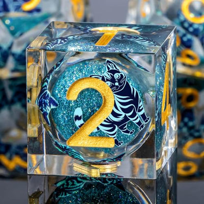 KERWELLSI Cat Liquid Core DND Dice Set with Gift Box, 7Pcs Resin Dungeons Sharp Edge D&D Dice, Dragons D and D Role Playing Dice D20 D12 D10 D8 D6 D4 - color: White and Blue Cat