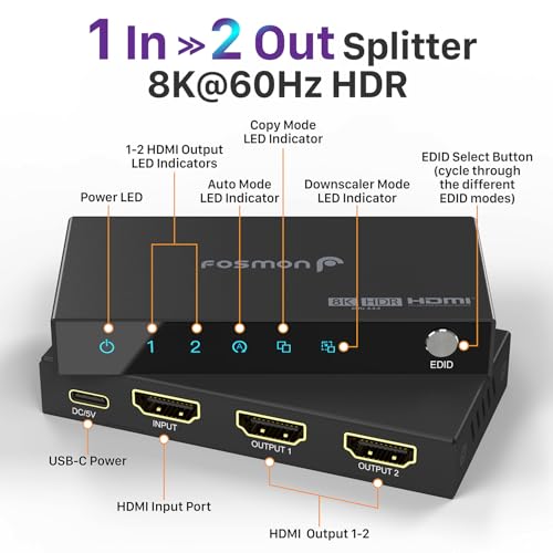 Fosmon 8K HDMI Splitter 1 in 2 Out, 1x2 4K@120Hz HDMI 2.1 Splitter for Dual Monitor Screen Duplication, Support EDID Control (Copy/Auto/Downscaler), LPCM, DTS, Dolby Digital, HDCP2.3, CEC, HDR10