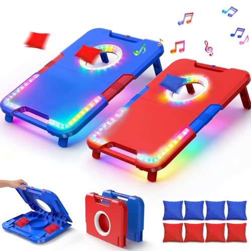 Light-Up Cornhole Board Set, Corn hole Sets with Sound Effects, 2 Foldable Boards & 8 Bean Bags, Portable Outdoor Toss game, Backyard Party Camping Toys Gifts for Kids,Teens,Family,Ages 6-12+