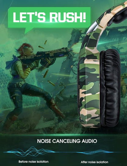 Nanddi Gaming Headset with Microphone, Gaming Headphones for PS4 PS5 Xbox One PC with LED Lights, PlayStation Headset with Noise Reduction 7.1 Surround Sound Over-Ear and Wired 3.5mm Jack (Green) - color: Camo Green