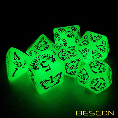 BESCON Dark Elves Glowing Dice Set (7 piece), Oversized Glow in Dark Carved Role Playing Games RPG Dice Set - color: Dark Elves