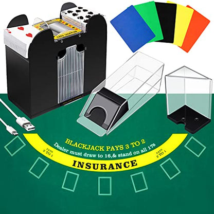 Aoriher Blackjack Game Combo Set, Include Blackjack Layout Felt,Shoe 6 Deck Automatic Card Shuffler Discard Holder Trays and 10 Cut Cards for Casino, Party Night(Green) - color: Green