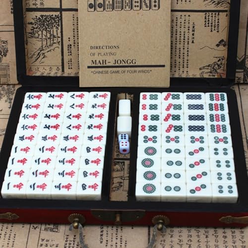 Chinese Mahjong Toy Set, Classic Board Game 144 Tiles Set with a Wooden Box asy-to-Read Game Set Travel Mahjong Set Portable Size and Light Weight