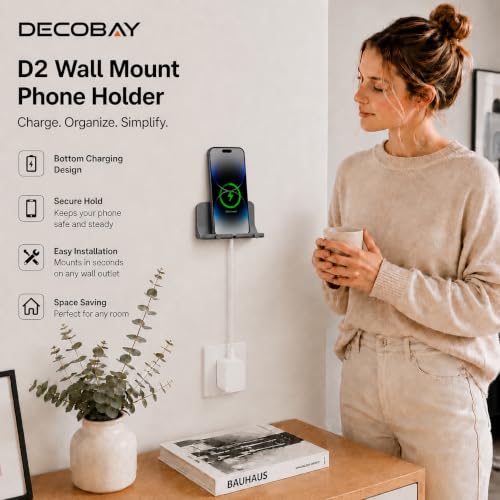 Wall Mount Phone Holder with Cable Hole & Hooks, Adhesive Wall Phone Holder, Phone Charging Dock & Organizer for Bedroom, Bathroom, Kitchen, Office, Dorm & RV (2 Pack- Grey) - color: 2 Pack- G
