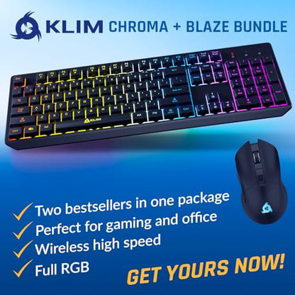 KLIM Chroma Wireless Keyboard and Mouse – RGB Backlit Gaming Combo, Rechargeable Wireless Keyboard & RGB Mouse, Durable & Ergonomic, Dual USB Receivers, Compatible with PC, Mac, PS4, PS5 - color: Black - Bundle