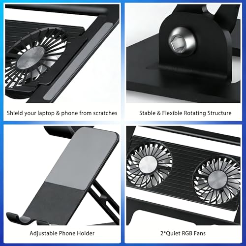 Laptop & Phone 2-in-1 Cooling Stand with Silent Fan, Adjustable Height & Angle, Carbon Steel Foldable Laptop Riser, Gaming Laptop Cooler Pad for Laptops Up to 18 Inch (Black) - color: Black