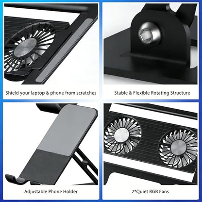 Laptop & Phone 2-in-1 Cooling Stand with Silent Fan, Adjustable Height & Angle, Carbon Steel Foldable Laptop Riser, Gaming Laptop Cooler Pad for Laptops Up to 18 Inch (Black) - color: Black