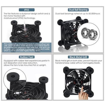 Dual 80mm Cooling Fan 10-Speed IPX5 USB 5V/DC 12V for Router Xbox | Dual 80mm fan, 10-speed controller, USB 5V/DC 12V dual voltage. IPX5 waterproof, 15dB quiet, double ball bearing 60,000hrs.