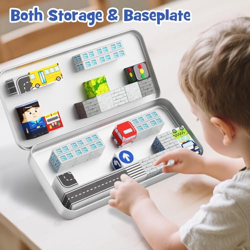 City Traffic Magnetic Blocks Set Travel Toys with Carrying Case | 35PCS STEM Toys for Kids Ages 3-8 Child-Safe with Fully Encased Magnets Car/Airplane Toddler Toy Birthday - style: City Traffic 35