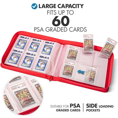 FunGuys Graded Card Binder, 60 PSA Slab Holder, 6 Pocket Graded Card Storage, Slab Binder, PSA Card Graded Display Case Album, Zipper, MTG Card Collection Binder - color: Black and Red