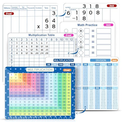 Multiplication Master Kit - 3 Pack Double Sided Dry Erase Math Whiteboards & Times Table Chart | 9"x12" Multiplication Division Boards + 8"x11" Multiplication Table | Classroom Homeschool Supplies