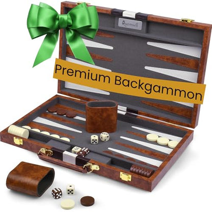 Large Backgammon Sets for Adults - Classic Board Games for 2 Players Adults and Kids - Premium Backgammon Set 15 inch Board and 32 Backgammon Pieces in Quality PU Leather Case - Gift for Man - style: Premium Brown
