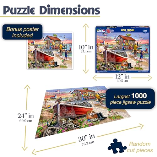 White Mountain 1000 Piece Jigsaw Puzzle, Bait Shack Seek & Find | Large Pieces, Gift for Adults and Family, 24"x30" in, Coastal Fishing Beach