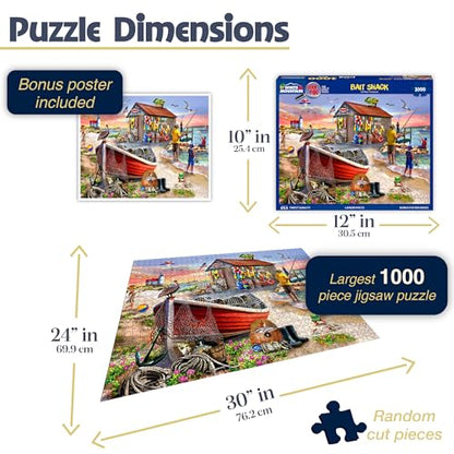 White Mountain 1000 Piece Jigsaw Puzzle, Bait Shack Seek & Find | Large Pieces, Gift for Adults and Family, 24"x30" in, Coastal Fishing Beach