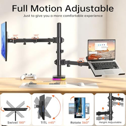 Afaloona RGB Monitor & Laptop Stand with USB Hub, Charging & Data Transfer | Fits 13-32" monitors and 11-17" laptops with a removable tray that converts to a dual monitor mount, up to 18 lb per arm - size: RGB Laptop & Monitor Stand