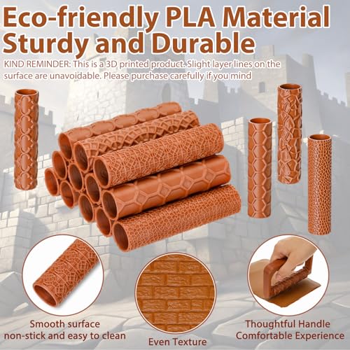 Leriton 17 Pcs Clay Texture Roller Set with Handle, 8-Pattern 3D-Printed Miniature Texture Rollers for Clay, Miniatures, Tabletop, Pottery (Terrain) - style: Terrain