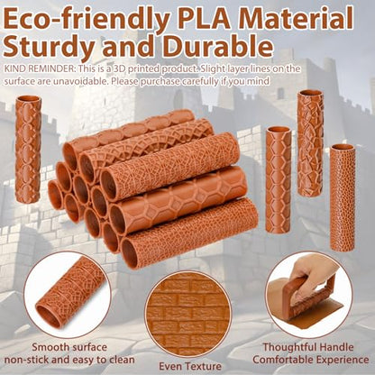 Leriton 17 Pcs Clay Texture Roller Set with Handle, 8-Pattern 3D-Printed Miniature Texture Rollers for Clay, Miniatures, Tabletop, Pottery (Terrain) - style: Terrain