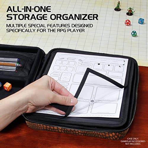 ENHANCE RPG Organizer Case - DnD Binder with Built-in Character Sheet Holder and Erasable Scribe Panel, Dice Rolling Area, Removable Pen Pouch, Miniature Foam Tray, Wrist Strap - color: Dragon Brown