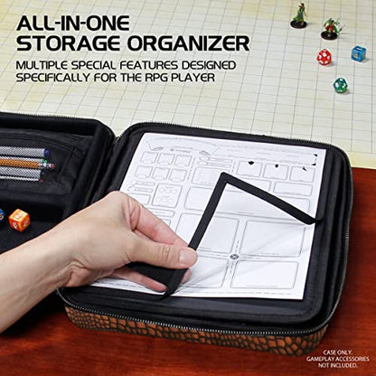 ENHANCE RPG Organizer Case - DnD Binder with Built-in Character Sheet Holder and Erasable Scribe Panel, Dice Rolling Area, Removable Pen Pouch, Miniature Foam Tray, Wrist Strap - color: Dragon Brown