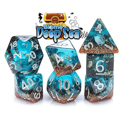 Gate Keeper Games and Dice: Inclusion Dice: Biome - Deep Sea - 7pc Set, Aquatic Blue, Sand & Conch Shell Inclusion, 7 Resin Dice for Role Playing Games